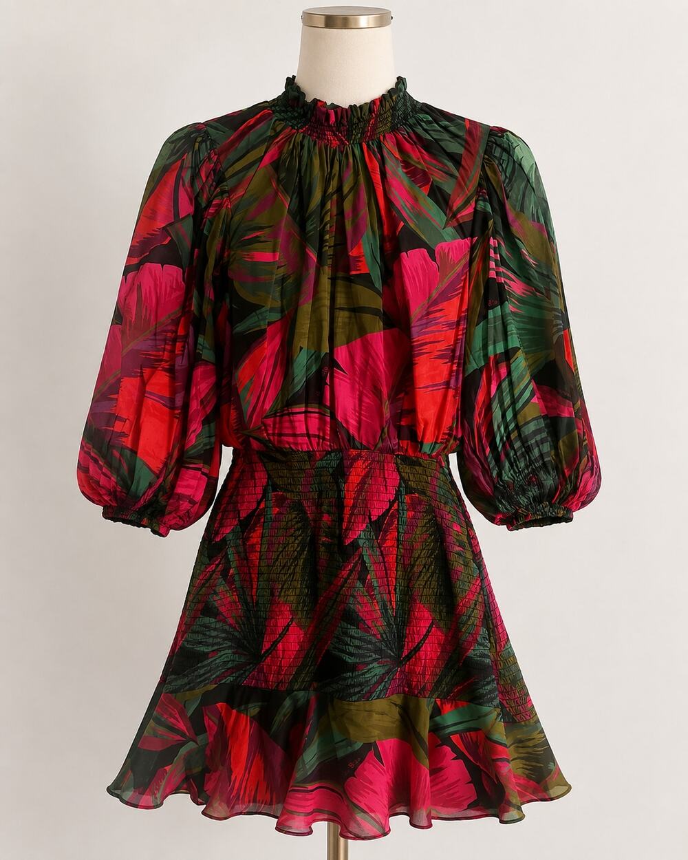 FARM Rio Midnight Leaves Smocked Puff Sleeve Mini Dress Size S $195 Excellent